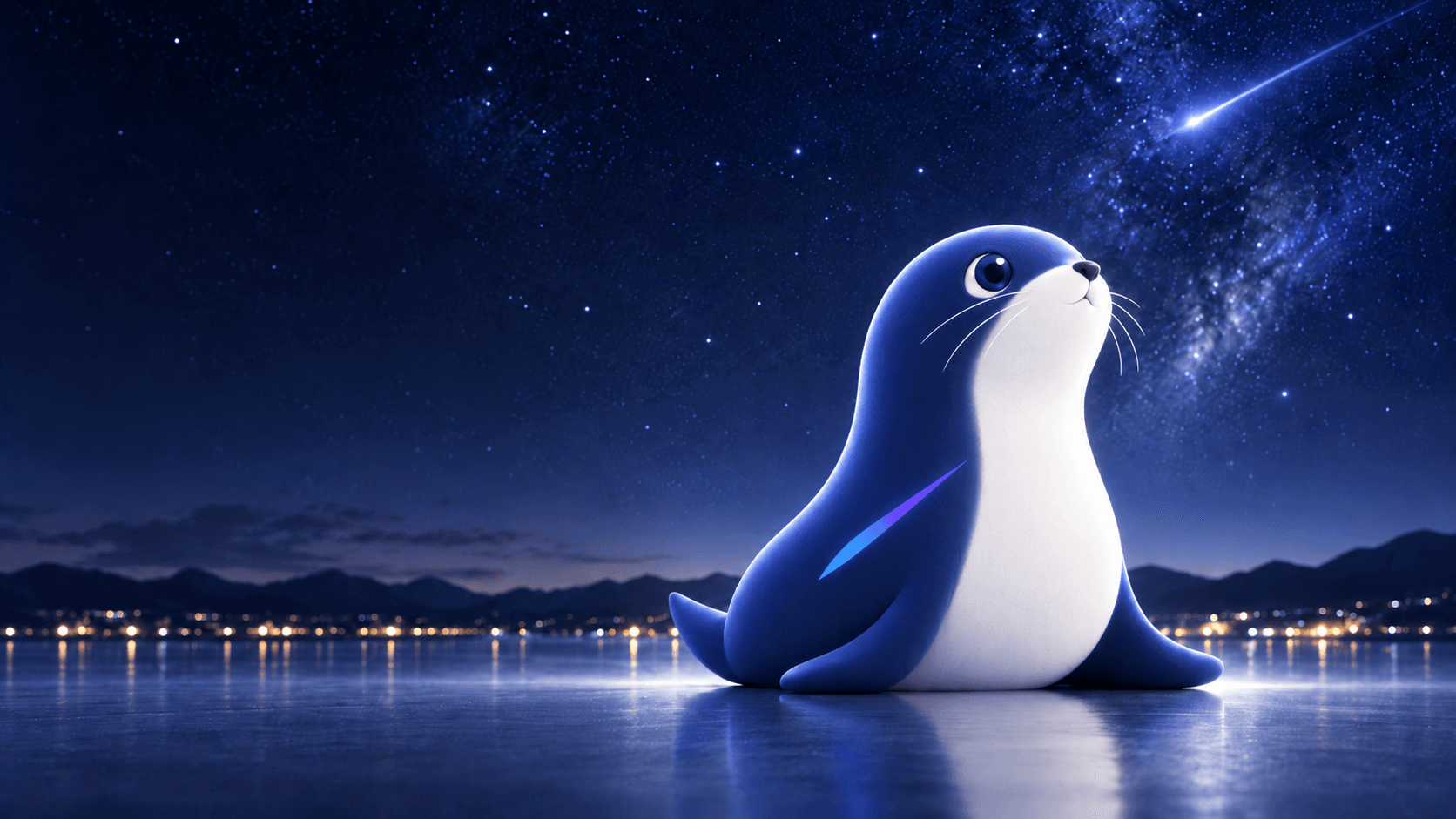 夜空の流れ星を見上げるSUISEI LABのマスコット KAZE